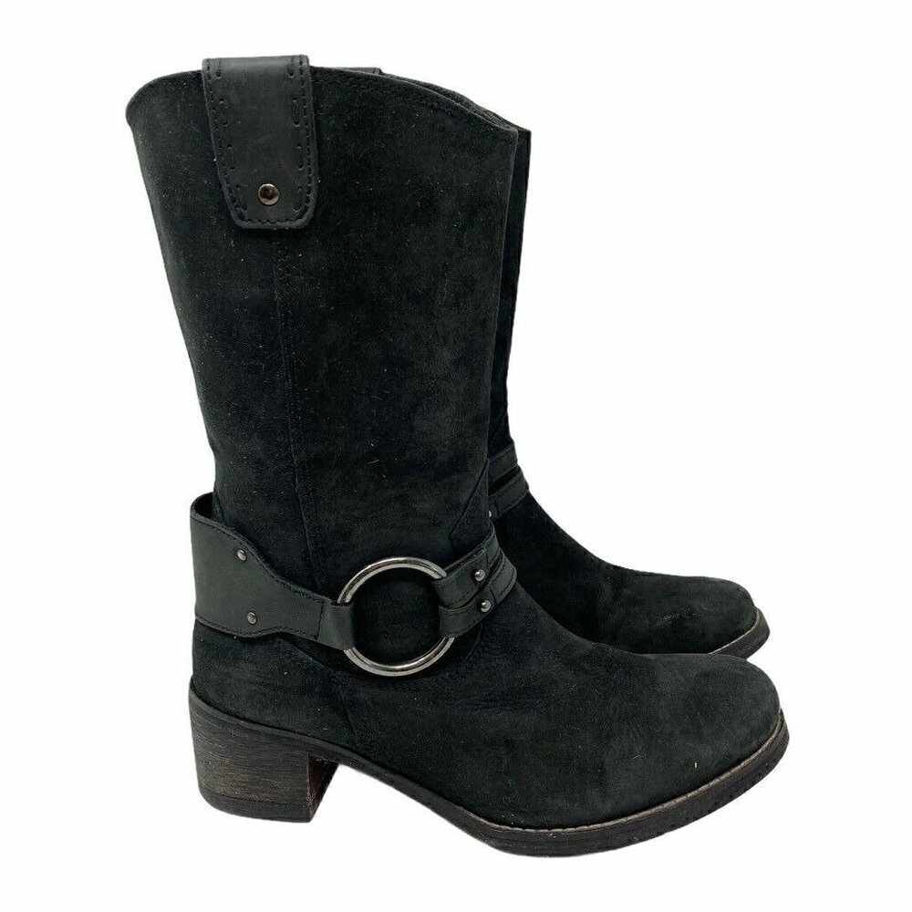 Johnston & Murphy Womens Motorcycle Boots Black Leather Block Heels Pull On 7.5